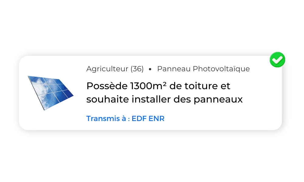 achetez des leads qualifiés pour les installations photovoltaïques auprès d'une audience ciblée. boostez votre activité dans l'énergie solaire avec des prospects de qualité.