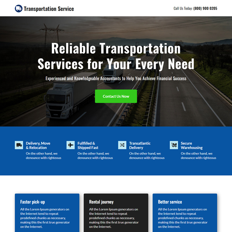 découvrez notre landing page dédiée au transport, où vous trouverez des solutions efficaces pour tous vos besoins logistiques. profitez de services de transport fiables et adaptés à votre entreprise, avec des options variées et un accompagnement personnalisé. votre solution de transport commence ici !